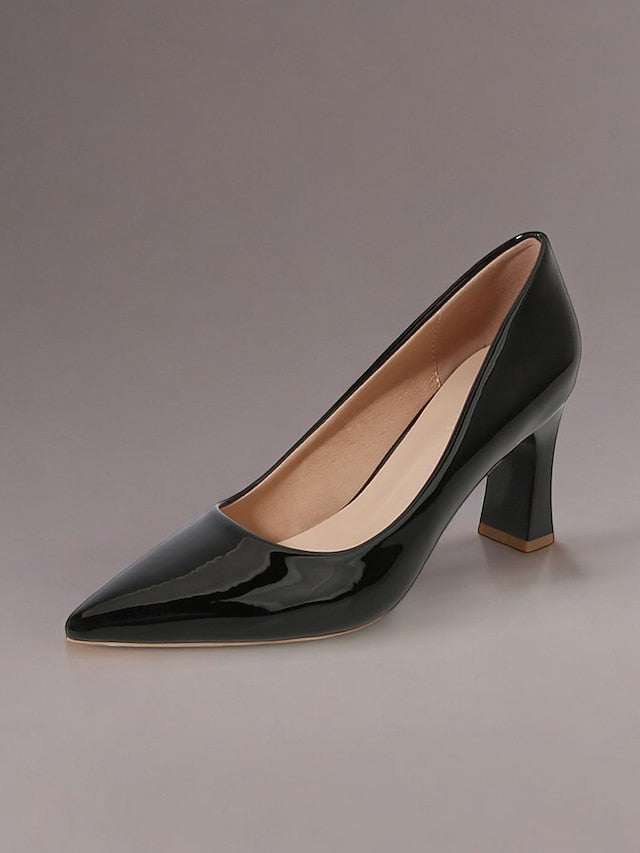Pointed-Toe Heel Block Leather Patent Pumps Green Faux Glossy