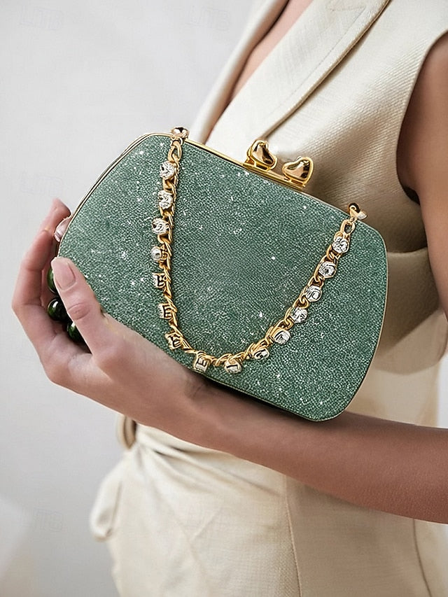 Evening Sage Green Clutch Women's with Glitter Rhinestone
