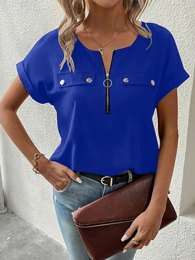 Women's T Shirt Tee Top Zipper Plain Fashion Stylish
