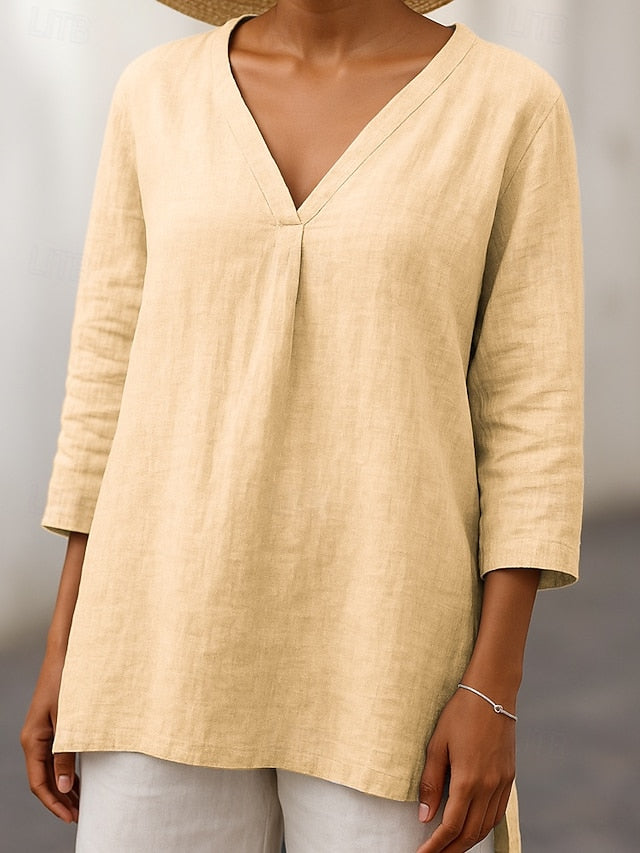 Women's T Shirt Solid Color Casual 3/4 Length Sleeve V Neck
