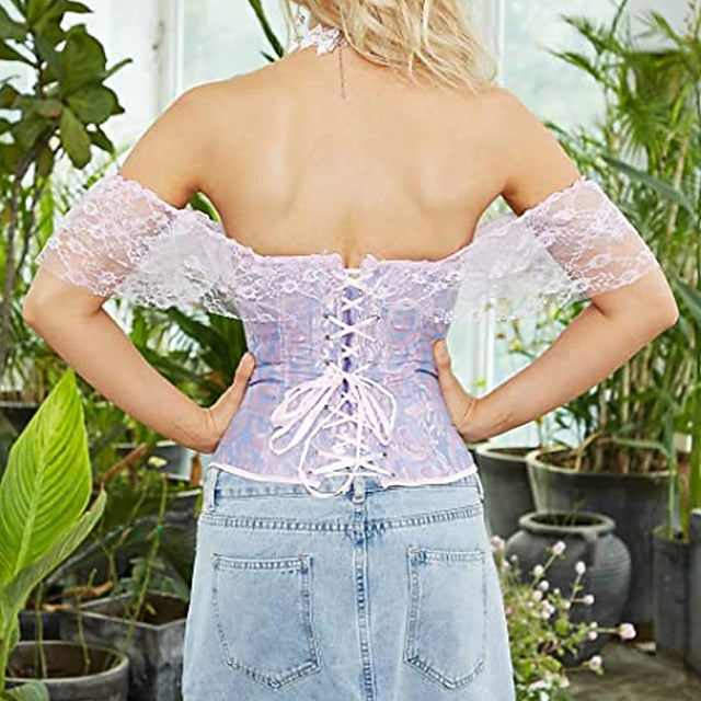 Women Floral Lace Off Shoulder Overbust Corset Bustier Boned
