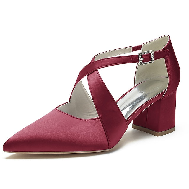 – Elegant White Block Pointed Heels Women's Satin Toe