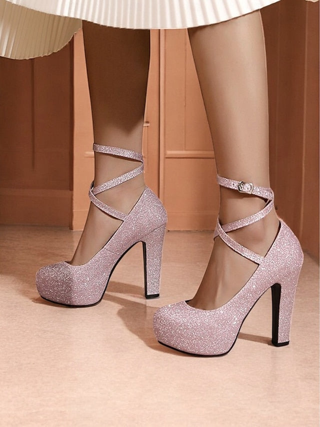 with Ankle Pink – Women's Strap Glitter Platform Heels