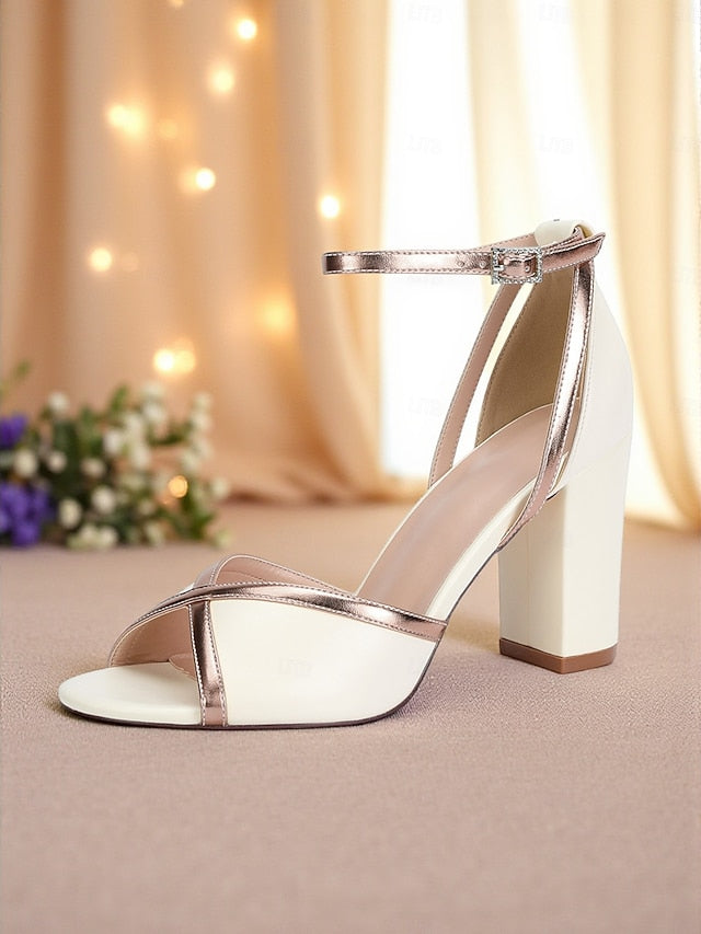 with Ankle Block White Heel Sandals Metallic Strap Women's