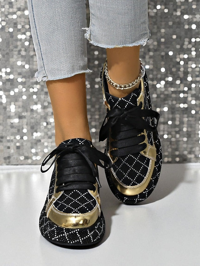 Silver Black Women's Rhinestone Quilted Sneakers - and