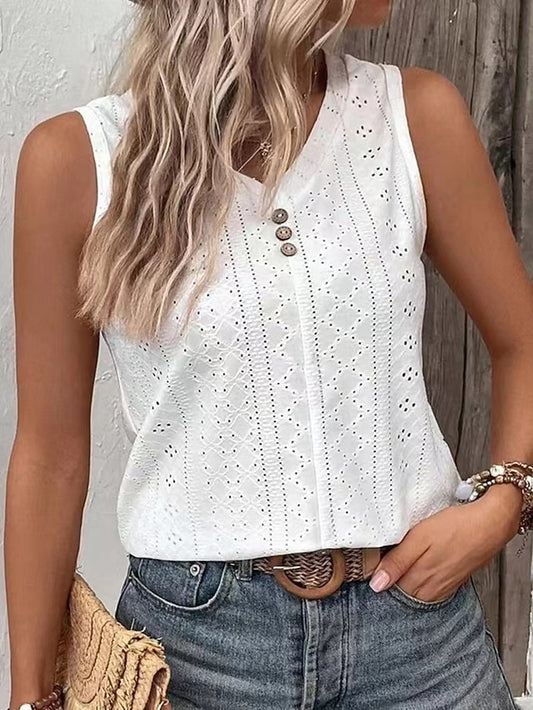 Women's Tee Eyelet top Buttons Solid Color Elegant Vintage