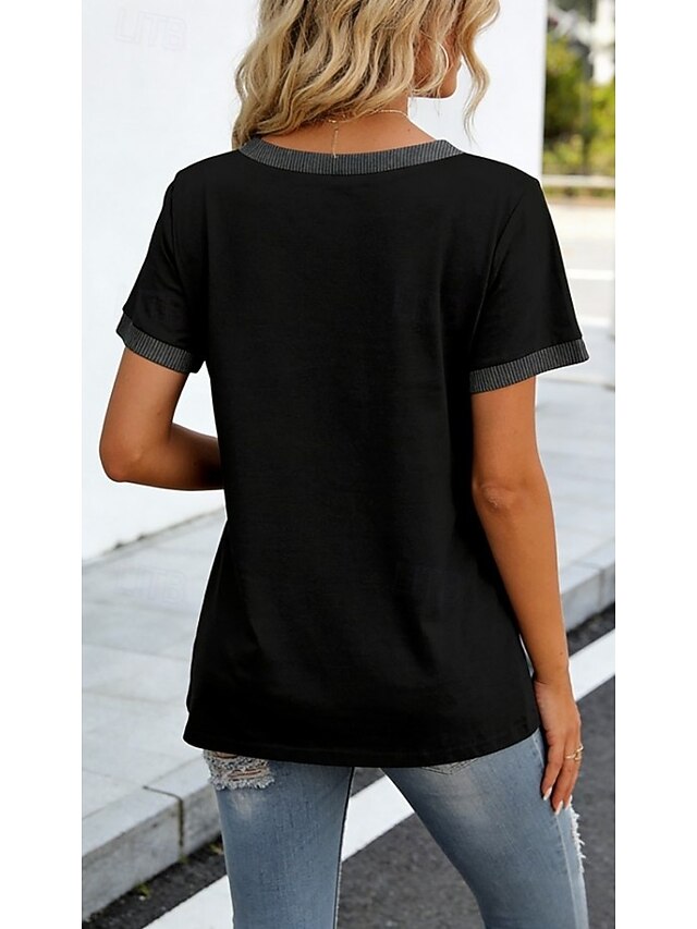 Women's T Shirt Patchwork Pocket Color Block Solid Color
