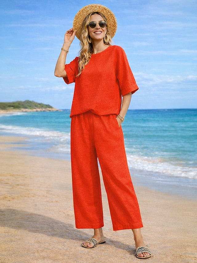 Women's Cotton Linen Sets Two Piece Sets Pure Color Hot