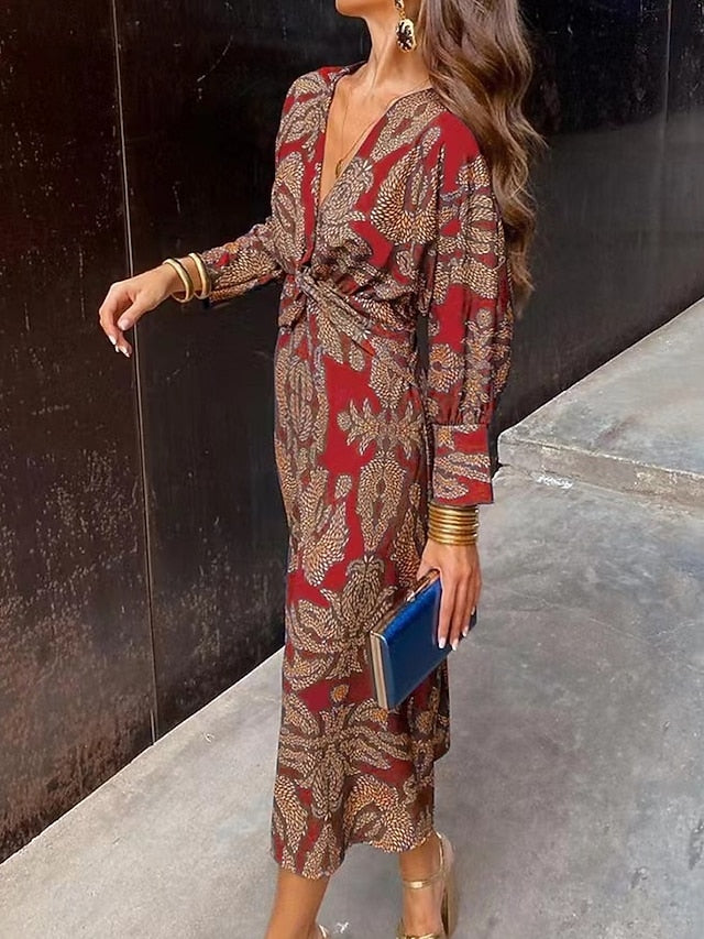 Women's Graphic Print V Neck Maxi Dress Long Sleeve Spring