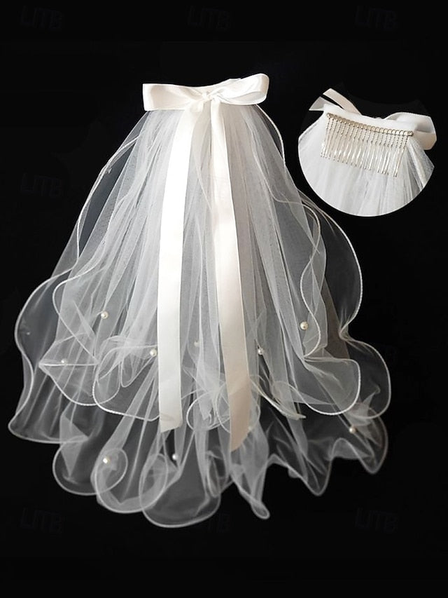 Elegant Satin - Bridal Ivory Ribbon Tulle Veil with and Soft