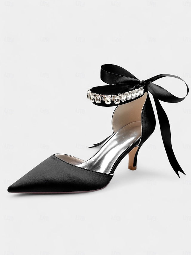 Satin Ankle Strap Blue Heels Pointed-Kitten and with Rhinestone