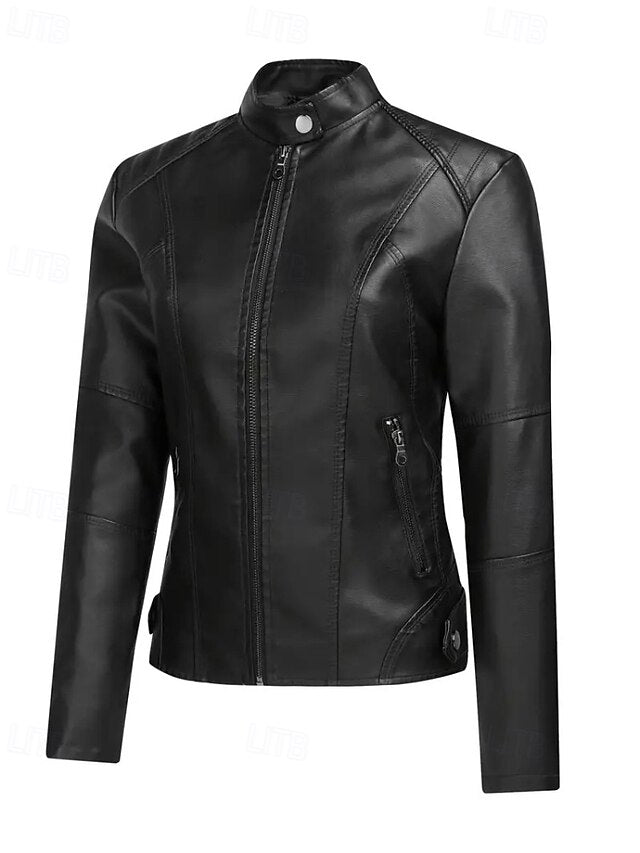 Faux Pocket Leather Comfortable Women's Zipper Jacket