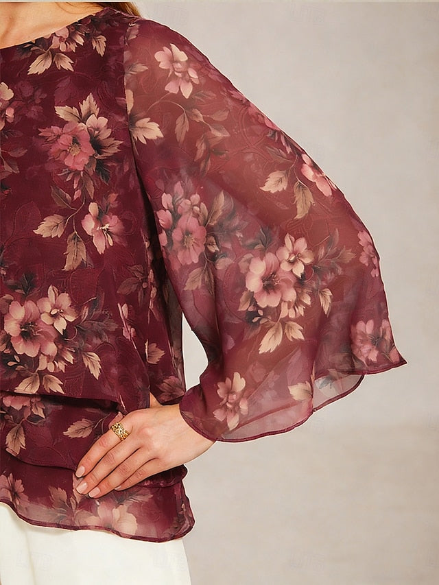 Women's Sheer Blouse Chiffon Tops Lace up Floral Elegant