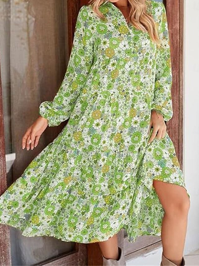 Women's Floral Split Neck Midi Dress Long Sleeve Summer