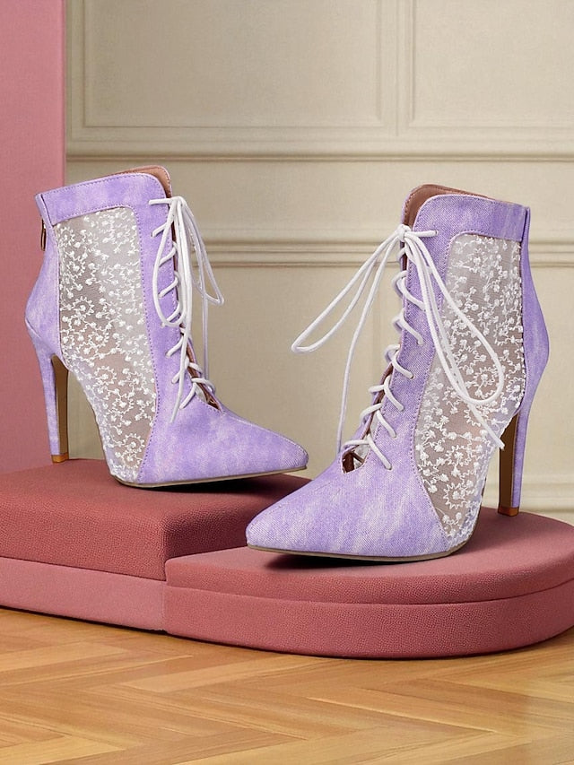 Women's White Stiletto Lace Heels Ankle Booties Mesh with