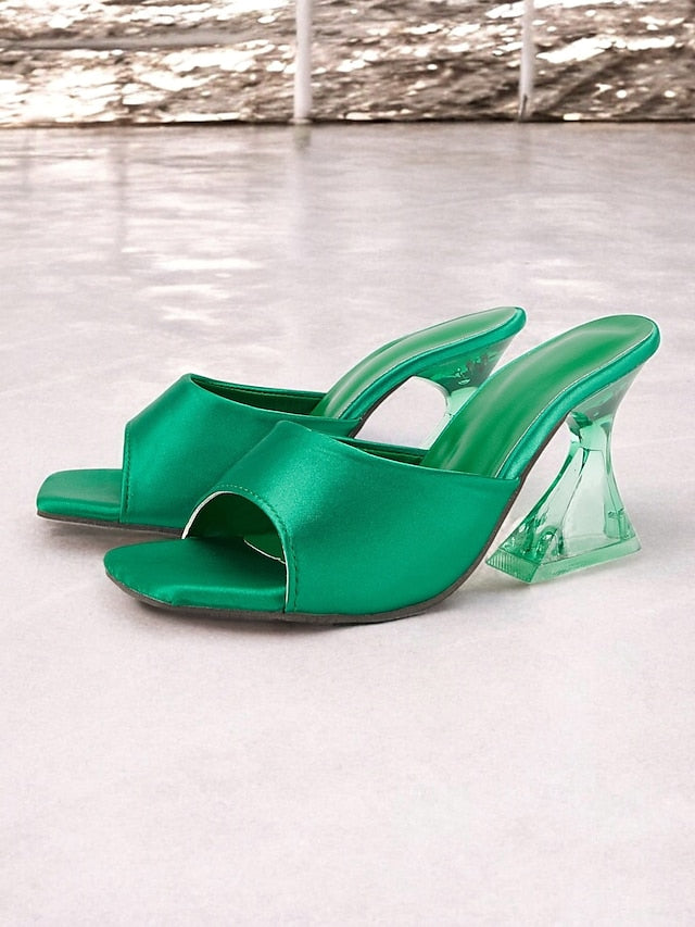 Green for Heels with Block Satin Mules Transparent Open-Toe
