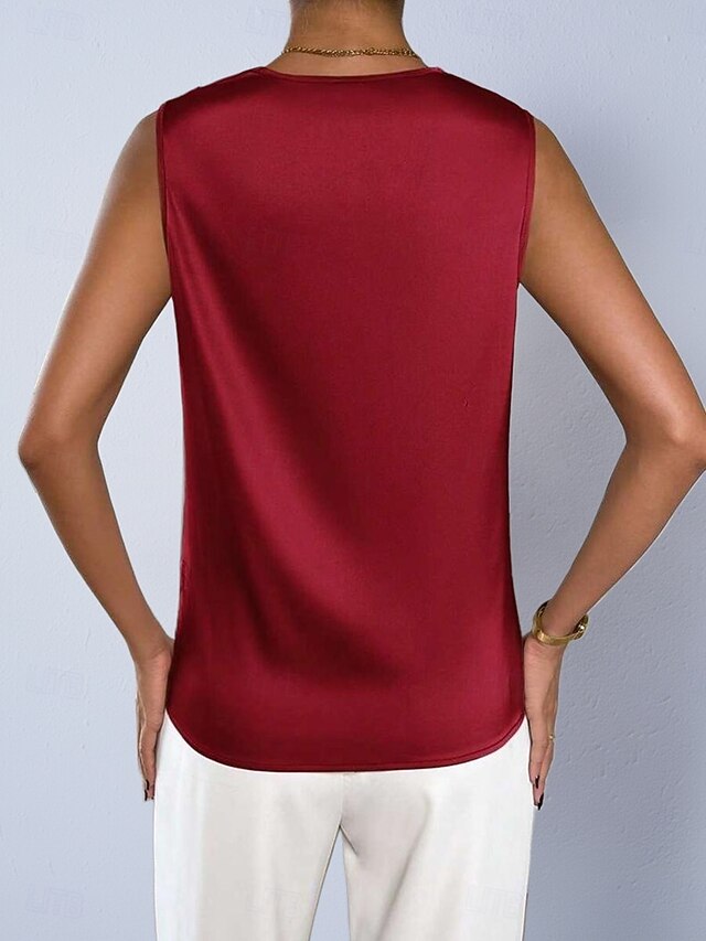 Women's Satin Shirt Blouse Cowl Neck Top Sleeveless Shirt