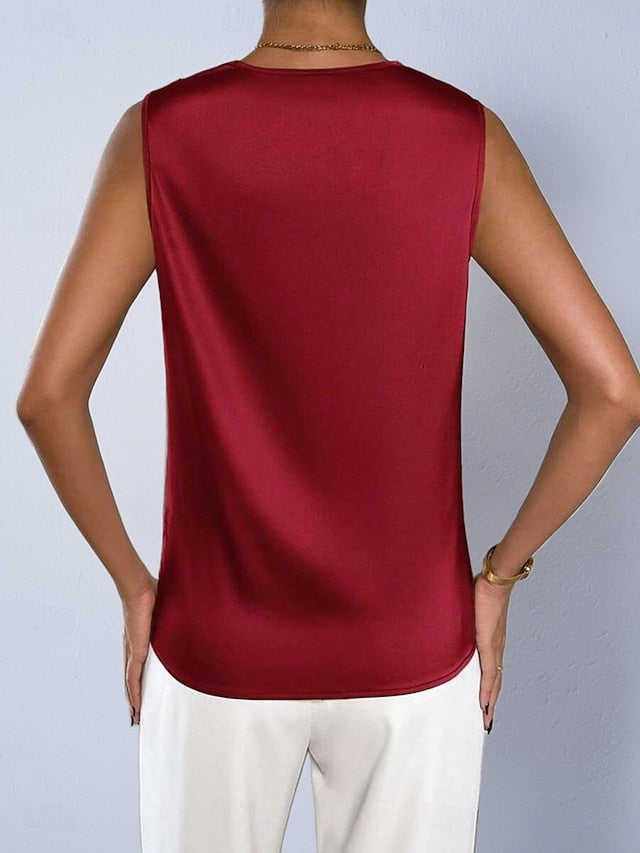 Women's Satin Shirt Blouse Cowl Neck Top Sleeveless Shirt