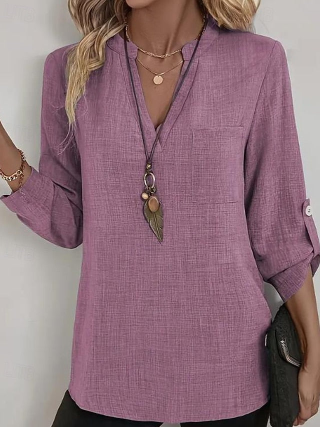 Women's Shirt Blouse Pocket Solid Color Casual Long Sleeve