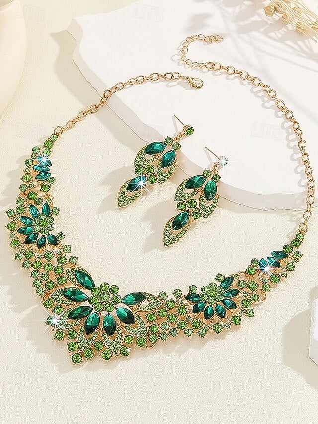 Jewelry Necklace Set – Elegant Green  Statement Crystal