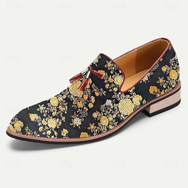 Men's with Tassels Jacquard Pattern Loafers Floral for