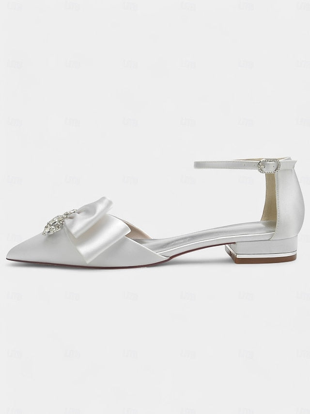 and Bow with Satin Ankle White Pointed-Toe Rhinestone Heels