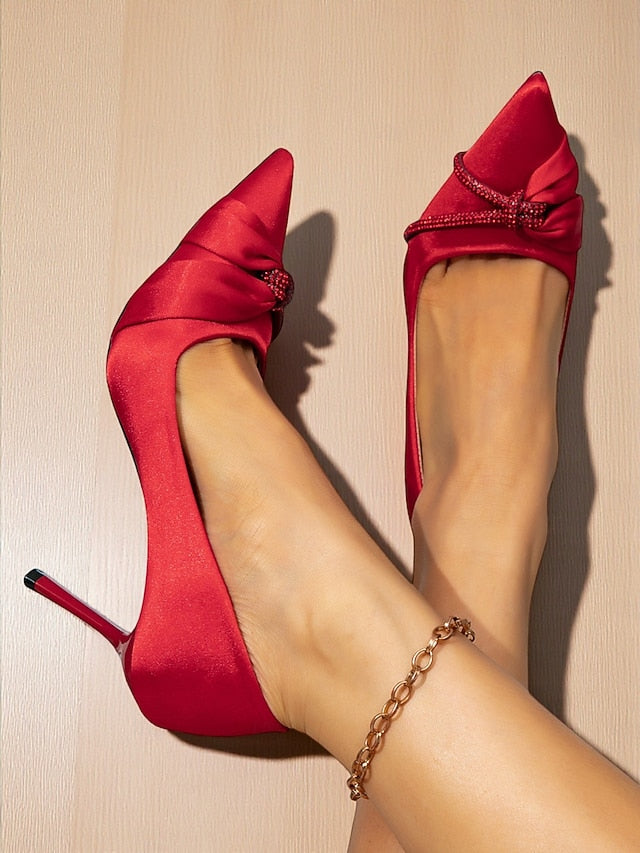 Toe Stiletto Heels Pointed Satin Red with Women's
