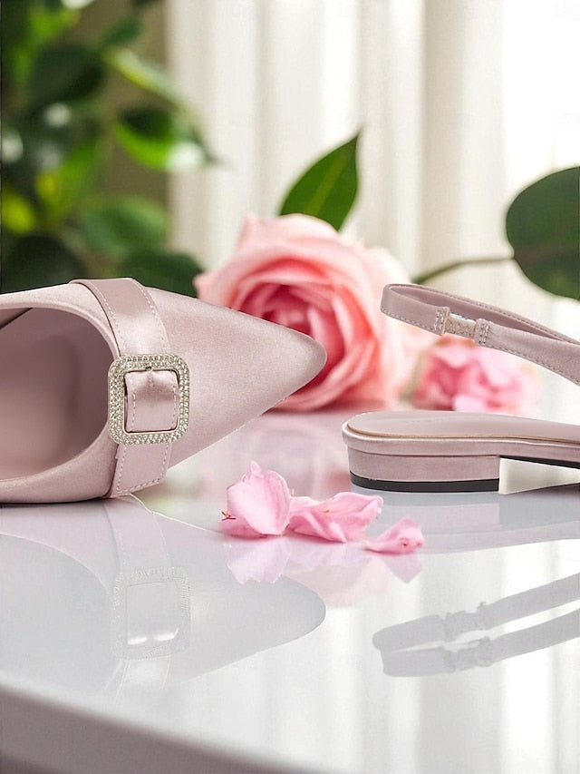Women's Buckle Slingback with Satin Pink Flats Rhinestone