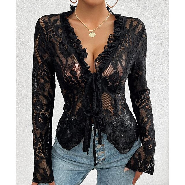 Women's Lace Solid Color Plain Stylish Long Sleeve Causal