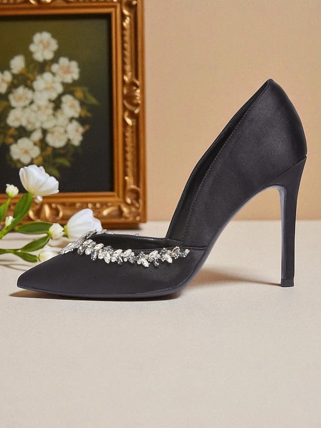 Toe with Pointed Embellishment Women's Heels Satin Crystal