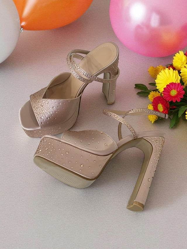 Peep Sandals with Rhinestone Women's High Heel Platform Toe