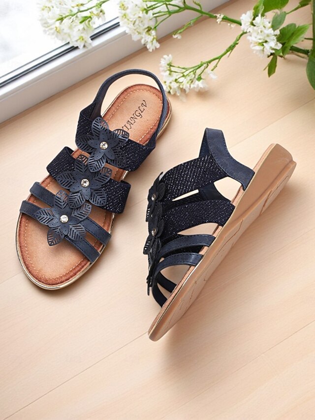 – Floral Sandals Elegant Flat Women's Beige Rhinestone