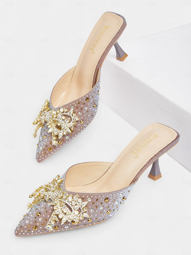 Pointed Toe Mules Slip-On Rhinestone Women's - Glitter