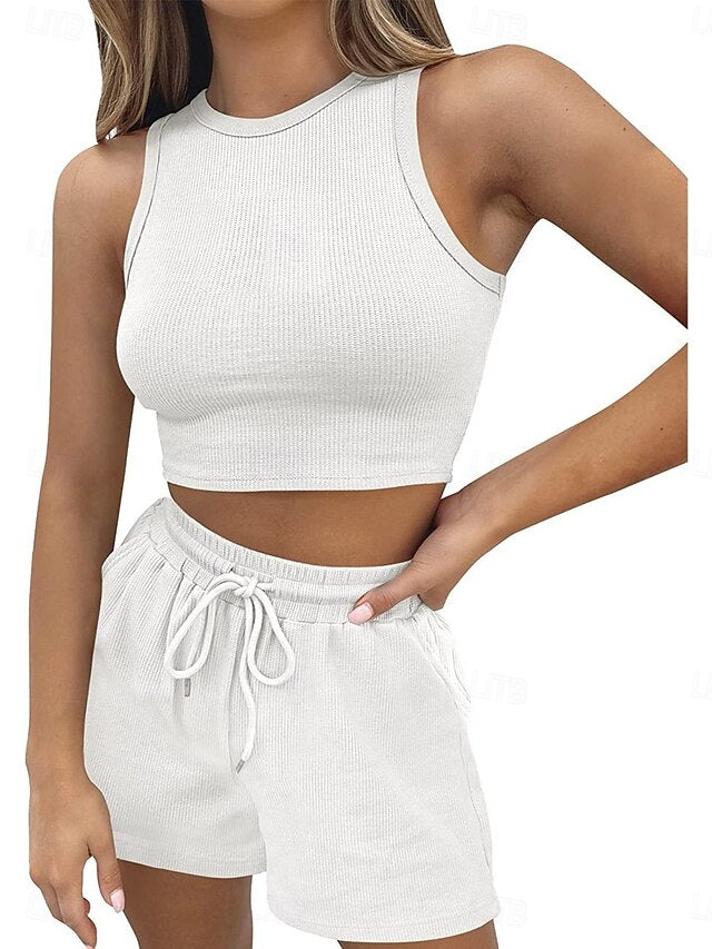 Women's Shorts Sets Sleeveless Crew Neck Solid Color