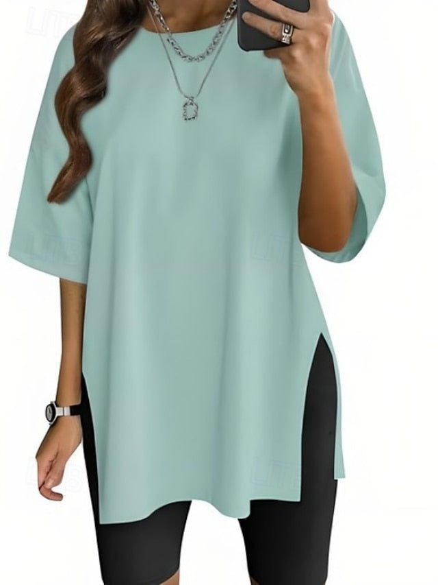 Women's T Shirt Side Split Solid Color Graphic Fashion