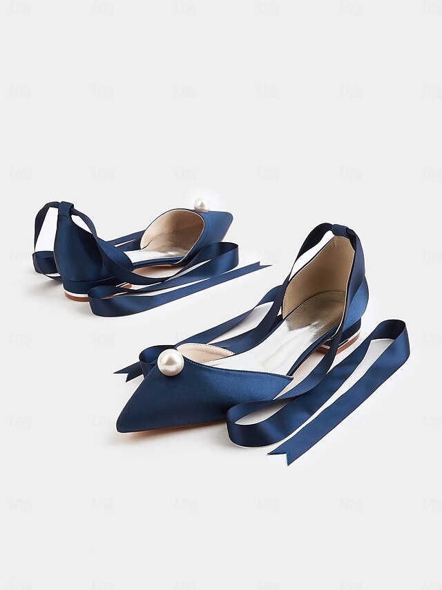 Embellished Flats Pointed Navy Toe Pearl - Women's Satin