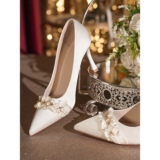 High with Toe Satin White Ruffle Pointed Heel Women's Pumps