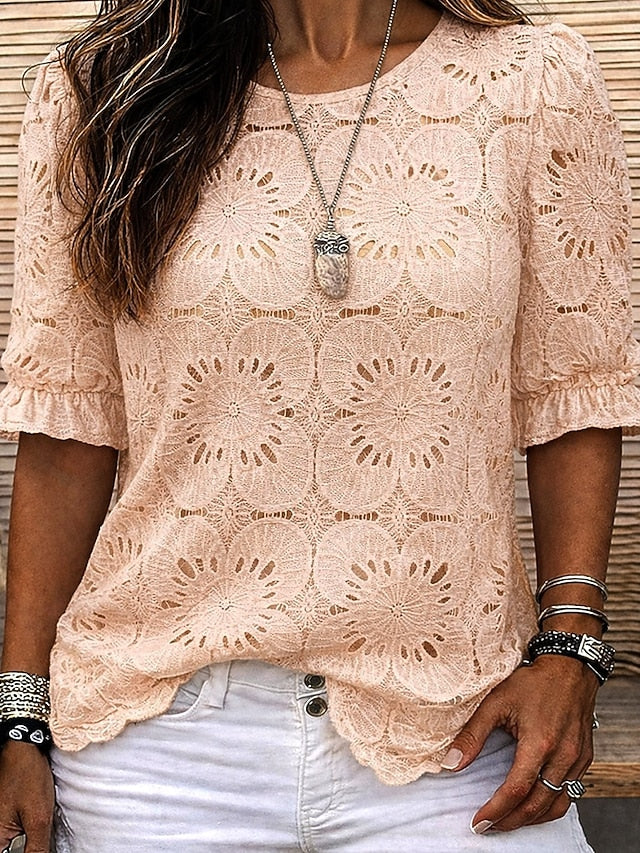 Women's Lace Splicing Top Blouse Lace Patchwork Solid Color