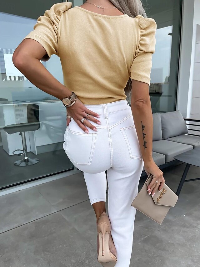 Women's Ribbed Knit Tops Elegant Stylish Sexy Short Sleeve