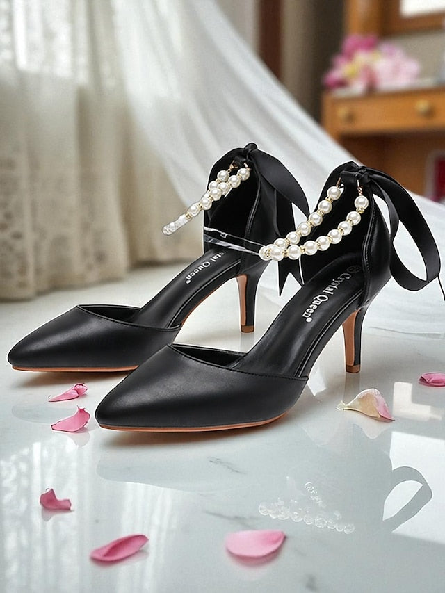 Pearl Bow Ankle Blue Women's - Pumps Strap with Heel Kitten