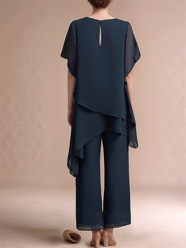 Pantsuit Asymmetrical Mother of the Bride Dress Short Sleeve