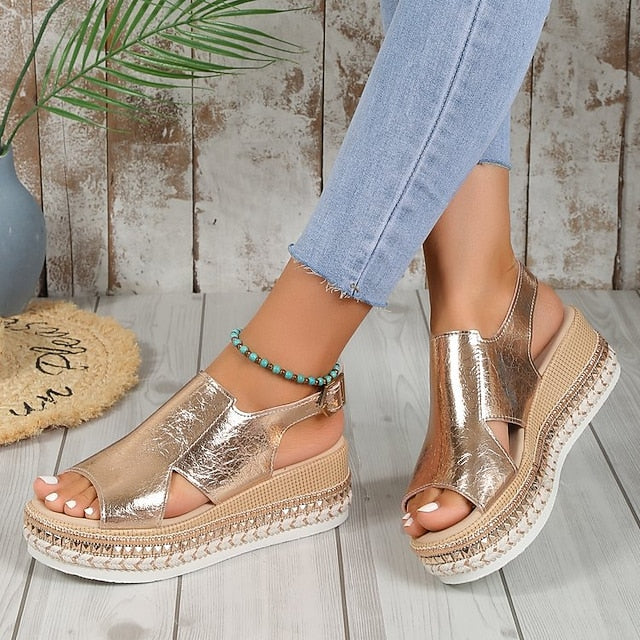 Leather Metallic Gold Espadrille Faux Platform Women's