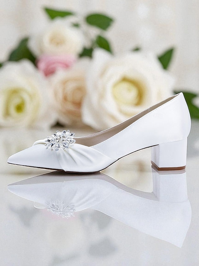 Women's White Block with Pumps Heel Low Crystal