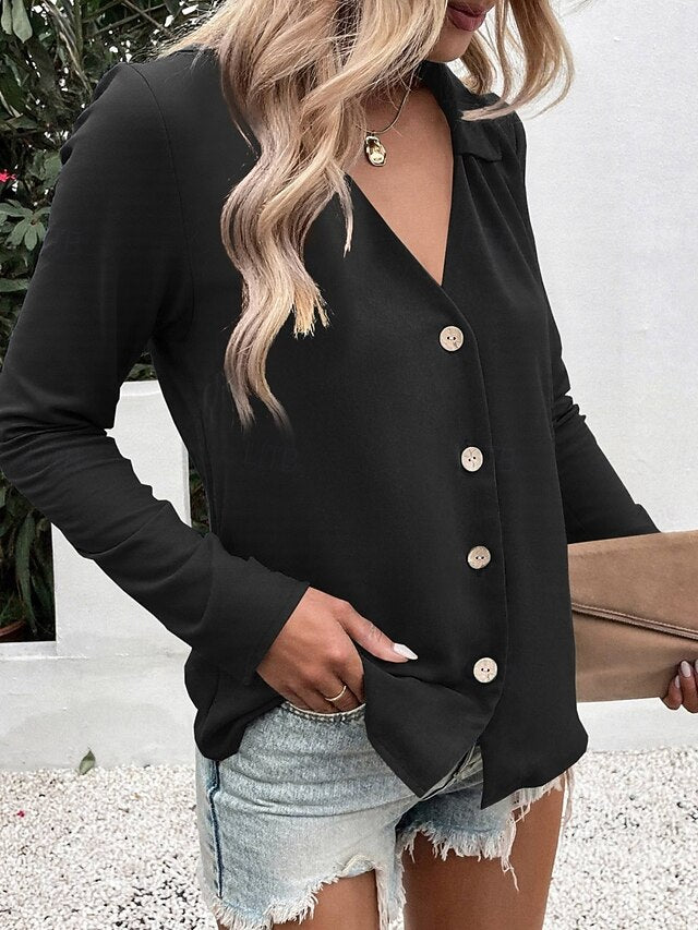 Women's Casual Shirt Button Up Shirt Blouse Buttons Solid