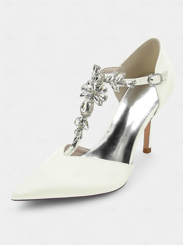 Blue Toe Pointed Women's Heels Navy – Satin T-Strap