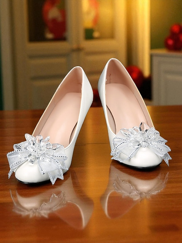 with White Heel Shoes Wedding Women's Low Crystal Bow
