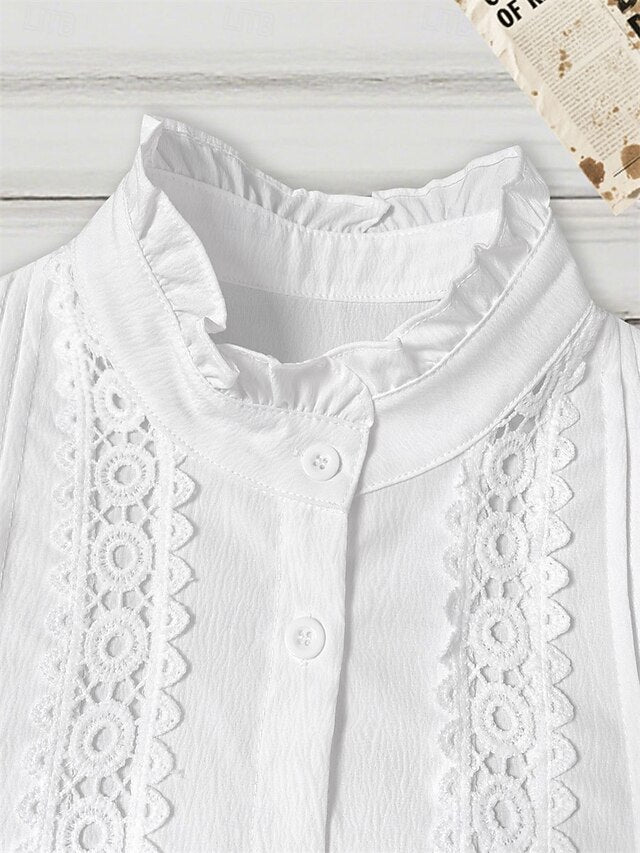 Women's Shirt Blouse Eyelet top Ruched Patchwork Eyelet