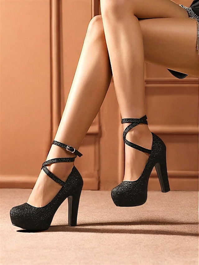 with Ankle Pink – Women's Strap Glitter Platform Heels