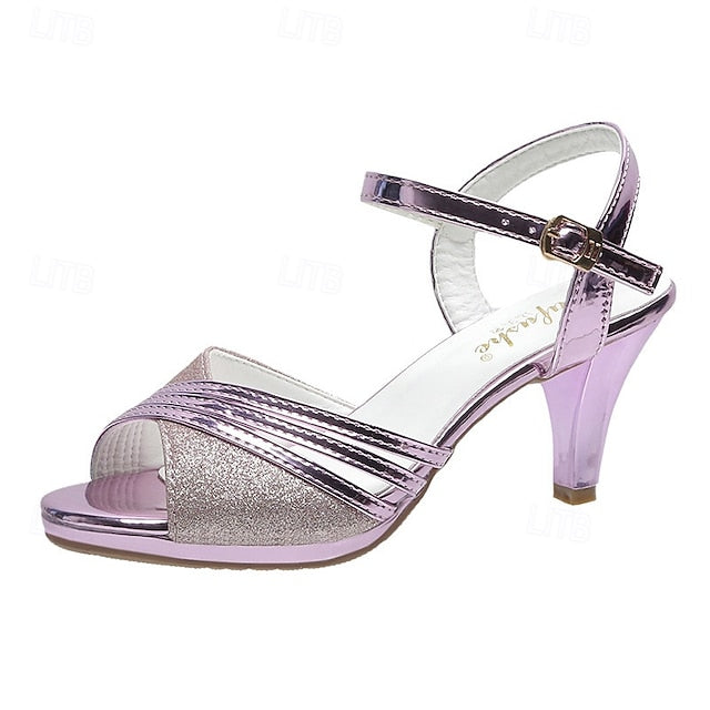 Straps with Glitter - Sandals Heel Mid Silver Women's