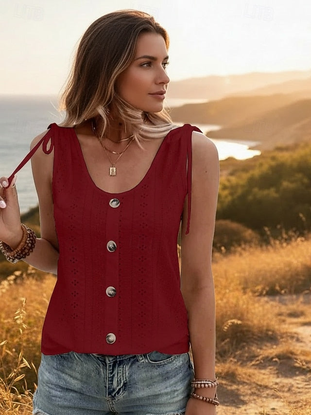 Women's Texture Blouse Eyelet Top Pointelle Tee Tank Top